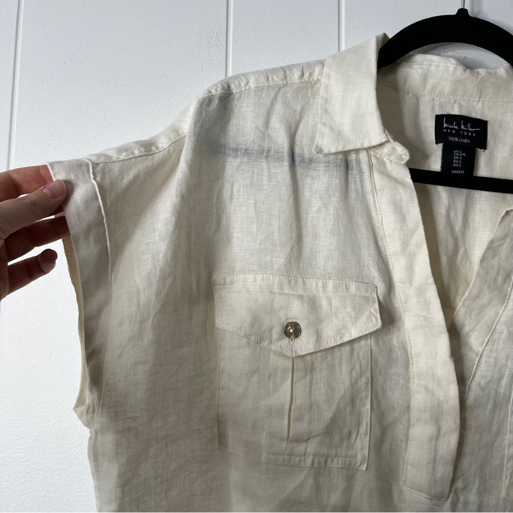 Nicole Miller 100% Linen Cream Popover Blouse Top Women's L Boxy Casual - Picture 3 of 7